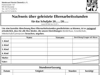 Nachweis geleistete Elternarbeitsstunden